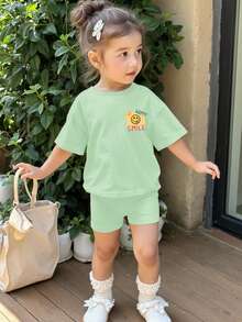 Baby Girls Lime Green Cute Face Print 2 Piece Set,Summer Casual Round Neck Short Sleeve T-Shirt And Tight Cycling Shorts For Vacation Daily Wear - Multicolor - View 2