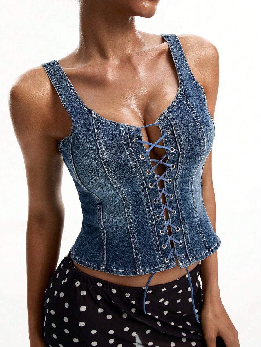 DAZY Áo tank top denim lửng ôm sát, buộc dây, gợi cảm, phong cách đường phố thường ngày dành cho nữ, thích hợp cho mùa hè. - Màu xanh lam - Xem 1