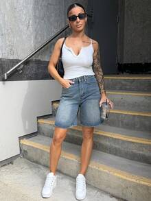 SAYEHFBABY Summer Casual Wide Leg Denim Shorts Jorts - Medium Wash - View 1