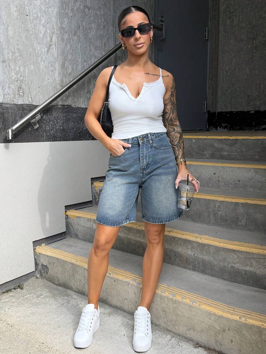 SAYEHFBABY Summer Casual Wide Leg Denim Shorts Jorts - Medium Wash - View 1