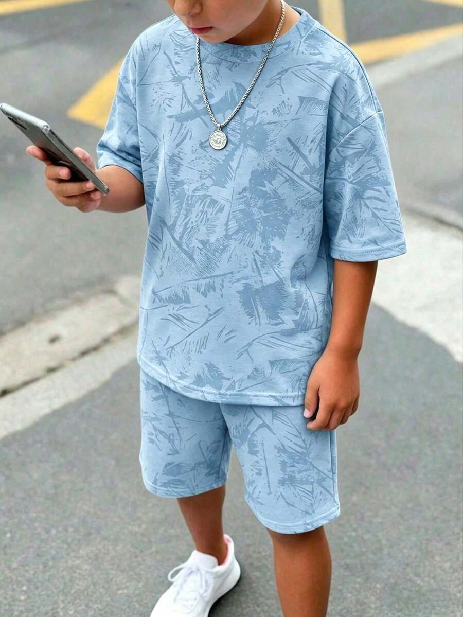 青少年男孩休閒極簡短袖圓領T恤與短褲套裝,適合夏季,經典酷炫街頭風塗鴉圖案印花 - 彩色 - 查看 1