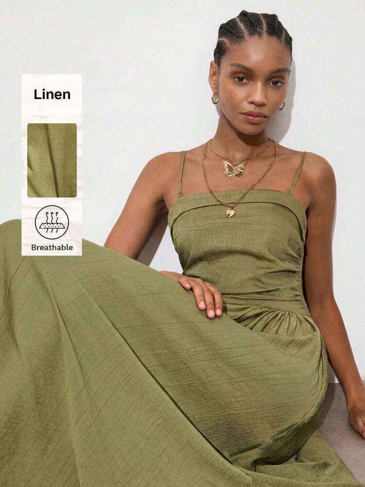 SHEIN Maija Women's Summer Casual Vacation Olive Green Pleated Waist Maxi Slip Dress,Linen Breathable Holiday Solid Color Chic Outfits São João Mother's Day