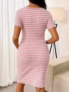 SHEIN Đầm cho bà bầu tay ngắn cổ chữ V thêu hình trái tim, kẻ sọc, dùng cho việc cho con bú. - Hồng - Xem 2