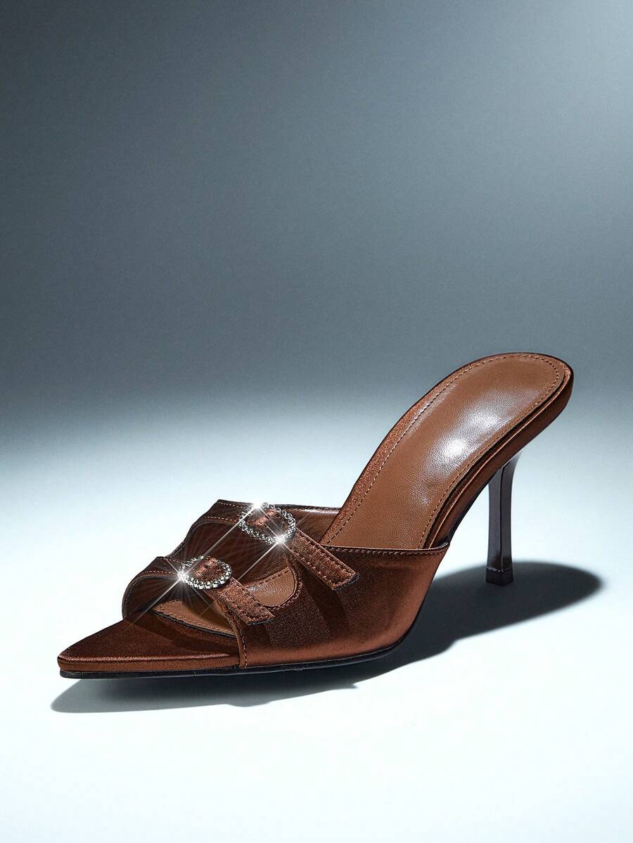 SHUZIA Women Elegant Pointy Toe Rhinestone Buckle Slip-On Heel Sandals - Coffee Brown - View 1
