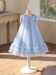 SHEIN Glamorique Kids 年轻女孩优雅高贵奢华蓝色无袖圆领设计可爱蓝色蝴蝶结可拆卸华丽双层薄纱蓬蓬裙正式礼服 - 藍色 - 查看 3