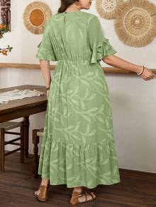 Lacomfia Vestido de manga corta con volantes, lazo y decoración inspirada en la naturaleza, elegante y minimalista, color verde, para mujer - Verde - Ver 2