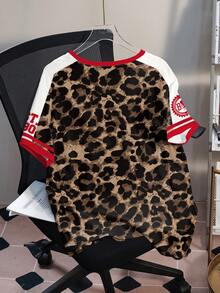 Betty Boop x SHEIN Plus Size Women's Leopard Print Short Sleeve T-Shirt, All-Over Print, Casual Summer Chocolate Brown - White - View 2