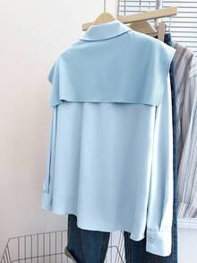 Resyla Kemeja Lengan Panjang Minimalis Warna Polos untuk Wanita, Pakaian Kasual Sehari-hari - Biru - View 2