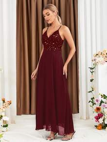 SHEIN Belle Đầm phù dâu, màu trơn, dây mảnh, không tay, xếp ly, dáng dài cho mùa hè - Màu Đỏ Sâu - Xem 5