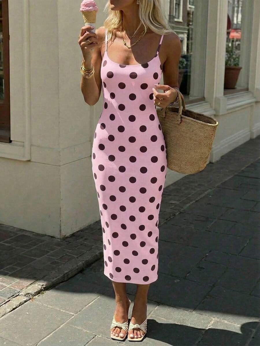 SHEIN EZwear 休闲简约度假风多巴胺色波点紧身吊带长裙,适合夏季、度假、波点印花连衣裙、波点、圆点、杜卡迪圆点、夏季连衣裙,适合日常通勤、约会、派对、秋冬夏季、圣诞节、新年、感恩节、派对、婚礼、海滩、毕业典礼、时尚、优雅、休闲、外出、约会、预订、通勤、闪亮、情人节、优雅、度假、休闲、Y2K、外出、毕业典礼等场合。 - 彩色 - 查看 1