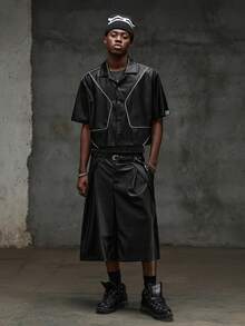 NEON BLANC Men's Summer Casual PU Leather Woven Textured Front Button Short Sleeve Shirt - Black - View 9