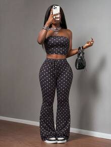 Slaydiva Women's Black And White Polka Dot 2 Piece Set,Summmer 1960s Vintage Bandeau Top & High-Waisted Flared Pant, Fitted Club Night Party Outfits - Multicolor - View 6