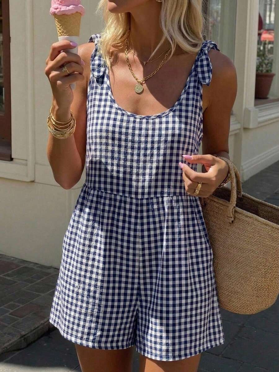 SHEIN EZwear Navy Plaid Casual Vacation Romper - Navy Blue - View 1