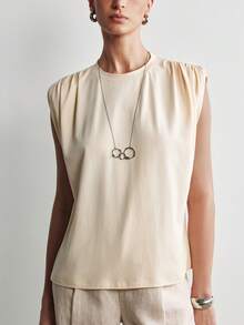 Aalyst Áo thun nữ mùa xuân/hè mới, chất liệu cotton & linen, kiểu dáng tối giản, đa năng, phù hợp đi làm và dự tiệc, thiết kế xếp ly thanh lịch, cổ tròn, màu mơ, thời trang. - Màu be - Xem 6