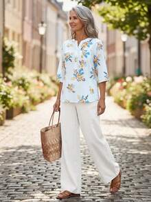 EMERY ROSE Completo casual da donna di mezza età e anziana con top a scollo a V e pantaloni con stampa floreale - Multicolore - Visualizzare 3