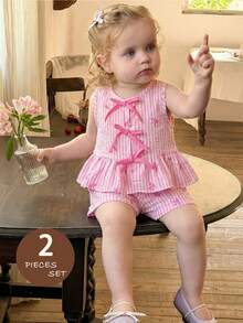 LMoss Kids Baby Girl Pink Striped Bow Decor Sleeveless Top And Shorts Set, Suitable For Outings - Multicolor - View 1