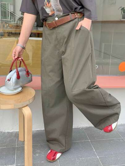 Dazy Plus Casual Slit Leg Pants, Slimming Streetwear Style, Solid Color Plus Size Women Pants, Military Green, All Season