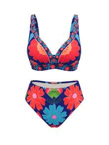 Swim Oasis Plus Size Women 3pcs Navy Blue V-Neck Wrap Tie Mesh Cover Up Swimwear Set Beach Vacation Summer Boho - Multicolor - View 4