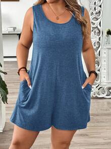 SHEIN LUNE Mono de punto de talla grande con cuello redondo, sin mangas, tirantes anchos y bolsillos, de unicolor - Azul - Ver 1