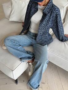 Livesso Áo khoác denim dáng rộng in họa tiết da báo dành cho nữ - Màu xanh lam - Xem 4