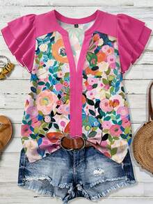 Linhara Plus Size Colorful Floral Print Short Sleeve Shirt - Hot Pink - View 3