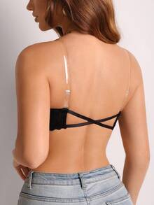1pc Lace Strapless Crisscross Back Underwire Bandeau Bra - Black - View 2