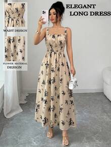 SHEIN Raffinéa 女士休闲度假优雅褶皱胸部抽绳腰A字黑色印花无袖长裙，夏季 - 杏色 - 查看 1