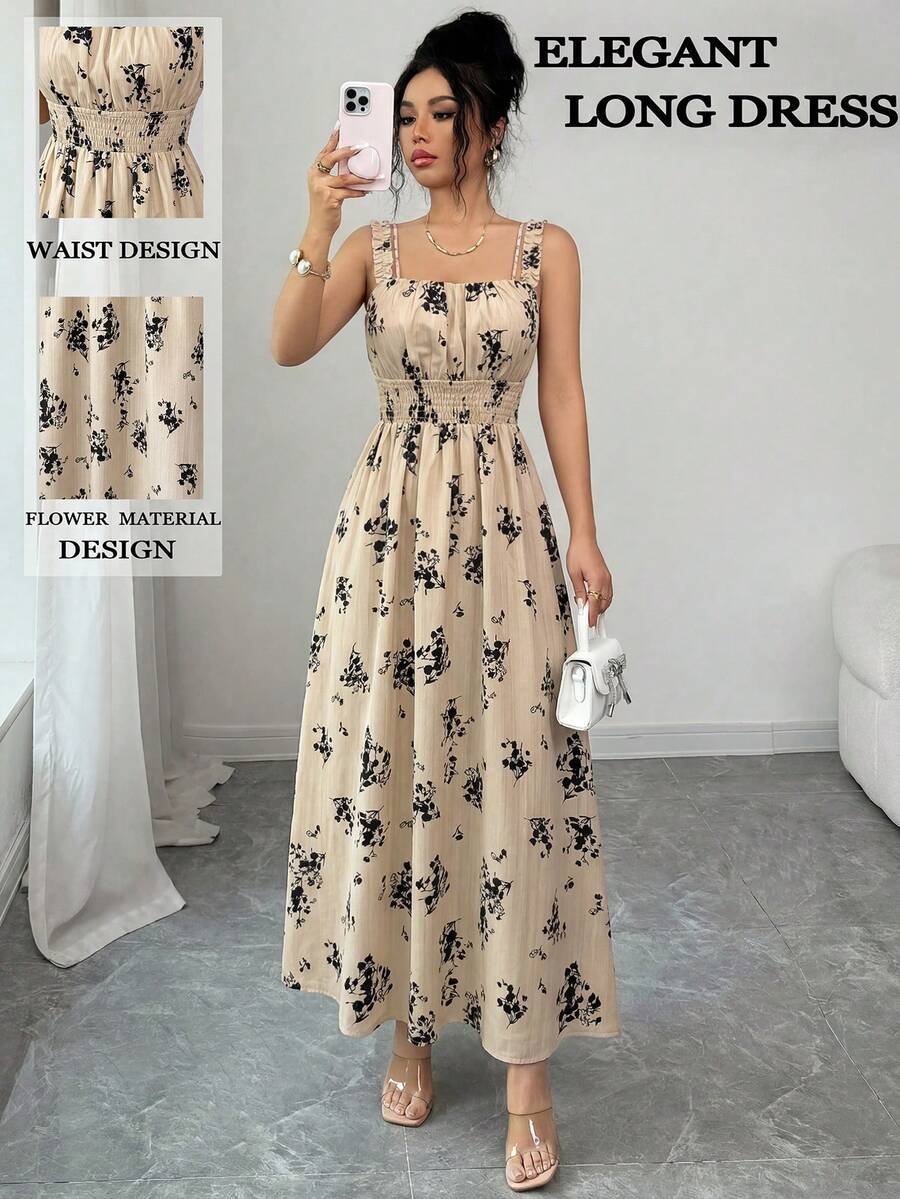 SHEIN Raffinéa 女士休闲度假优雅褶皱胸部抽绳腰A字黑色印花无袖长裙，夏季 - 杏色 - 查看 1