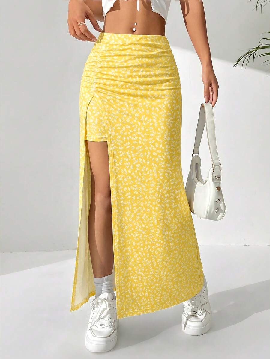 SHEIN EZwear Ditsy Floral Long Slit Skirt - Yellow - View 1