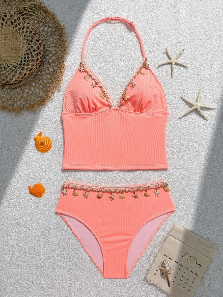 SHEIN Teen Girls Tankinis Fluorescent Orange Ribbed Fabric Adjustable Spaghetti Strap Bikini Set With Shell & Starfish Decor - Red - View 1