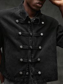 NEON BLANC Men's Short Sleeve Button Design Casual Denim Shirt - Black - View 5