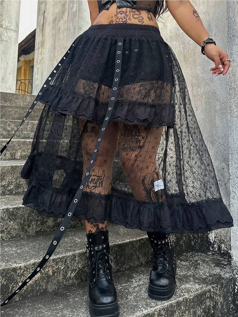 Whyspr Plus Size Women Elastic Waist Lace Patchwork Ruffle Hem Casual Versatile Date Night Skirt - Black - View 1