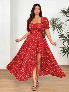 Vionelle Đầm hoa nhí gợi cảm dáng lệch vạt dành cho nữ cỡ lớn - Đỏ - Xem 4