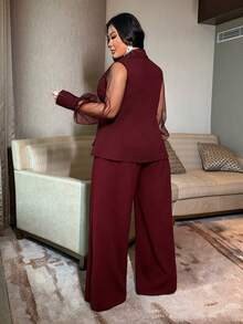 NU&NOW Commuting Design Sense Black Sheer Mesh Patchwork Plus Size Suit Set - Burgundy - View 6
