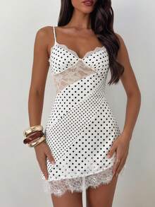 Aloruh Vestido elegante y de moda con lunares para mujer, vestido de tirantes con parches de encaje transparente y sexy - Blanco y Negro - Ver 7