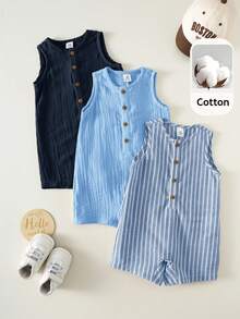 SHEIN 3pcs Set Baju Terusan Tanpa Lengan Bergaris Kasual Unisex untuk Bayi Baru Lahir & Celana Pendek Celemek, Cocok untuk Jalan-jalan dan Liburan - Biru - View 3