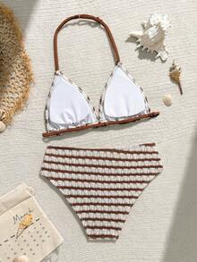 SHEIN Teen Girl Brown And White Striped Textured Halter Triangle Cup Bathing Suit,Tummy Control Two Pieces Swimwear Single Top Summer Beach Vacation Holiday - Coffee Brown - View 2