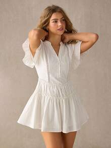 WESTFADE V Neck Button Front Short Sleeve Drop Waist 100% Cotton Fit & Flare Ruffle Mini Dress Spring, Summer, Casual, Coastal, Cowgirl, Boho, Vacation, Beach, Western Wear, Nashville, Rodeo Outfit, Country Concert - White - View 5