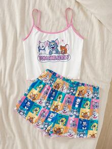 TOM & JERRY X SHEIN Bộ đồ ngủ nữ in chữ, áo hai dây và quần short - Nhiều màu - Xem 3