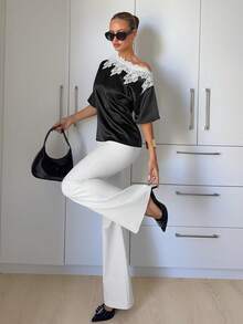 Siren Gaze Women's Contrast Lace Asymmetric Neck Fashion Blouse - Multicolor - View 4