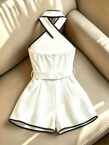 Franclia Bộ jumpsuit nữ phối màu tương phản, buộc dây eo, hở lưng, không tay, thích hợp cho mùa xuân và hè. - Màu be - Xem 2