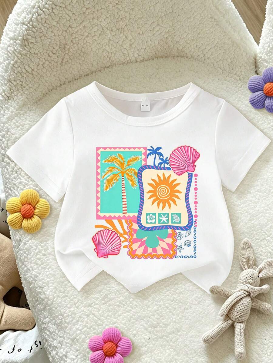 SHEIN Playful Pals 女宝宝甜美可爱趣味太阳贝壳海洋元素印花短袖T恤，适合夏季外出穿着