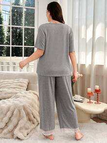 Softscene Plus Size Lace Trim Deep V Sleepwear Set - Light Grey - View 2