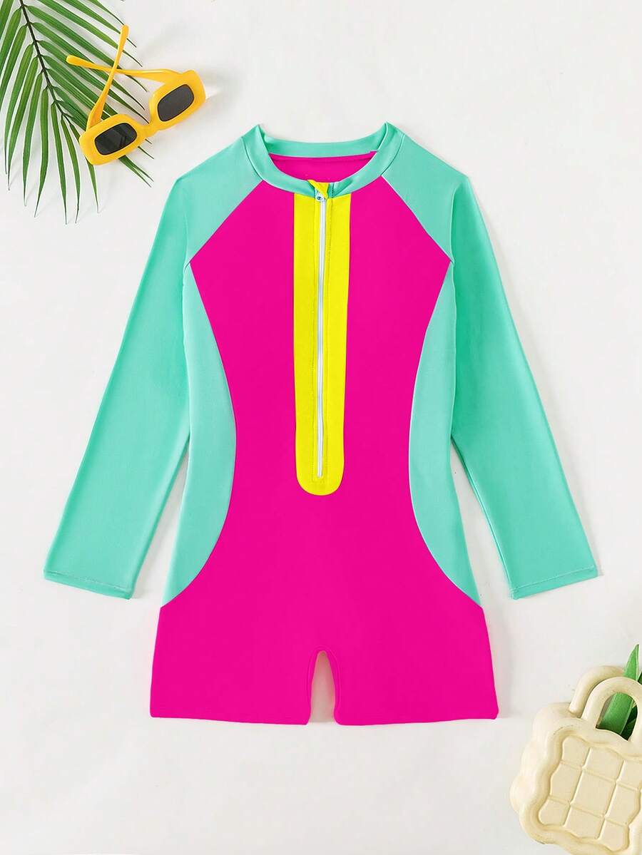 Teen Girls' Color Block Zip Front One-Piece Swimsuit - Multicolor - View 1
