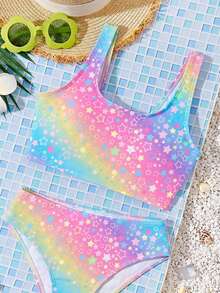 Young Girl Casual Minimalist Camisole & Triangle Bikini Swimwear Set, Suitable For Summer - Multicolor - View 3
