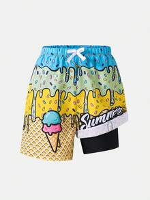 SHEIN Tween Boys' Casual Versatile Comfortable Coconut Tree Print Patchwork Loose Lining Swim Trunks Beach Shorts,Kids - Pink - View 4
