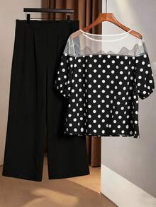 GlowEve CURVE Plus Size Black And White Autumn Elegant Formal French Classic Polka Dot Lace Splice Short Sleeve Bow Tie Blouse And Straight Leg Pants 2 Pieces Set - Black and White - View 3