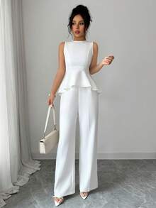 SHEIN Raffinéa Bộ đồ hai mảnh thanh lịch dành cho nữ: áo không tay cổ tròn ôm sát và quần ống đứng, thích hợp mặc hàng ngày. - trắng - Xem 3