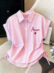 SHEIN Franclia Áo sơ mi nữ tay cánh dơi ngắn tay, thắt eo bằng dây rút, thêu tinh tế, dáng ôm vừa vặn, họa tiết kẻ sọc cổ điển, cài cúc đơn, thích hợp cho mùa xuân/hè, mặc thường ngày hoặc dự tiệc. - Hồng - Xem 3