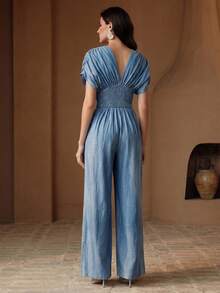 Anewsta Women's New Summer Casual Shirred Sleeveless Jumpsuit, Layered Flared Leg Slim Fit Romper For Daily, Party, Vacation - Blue - View 2